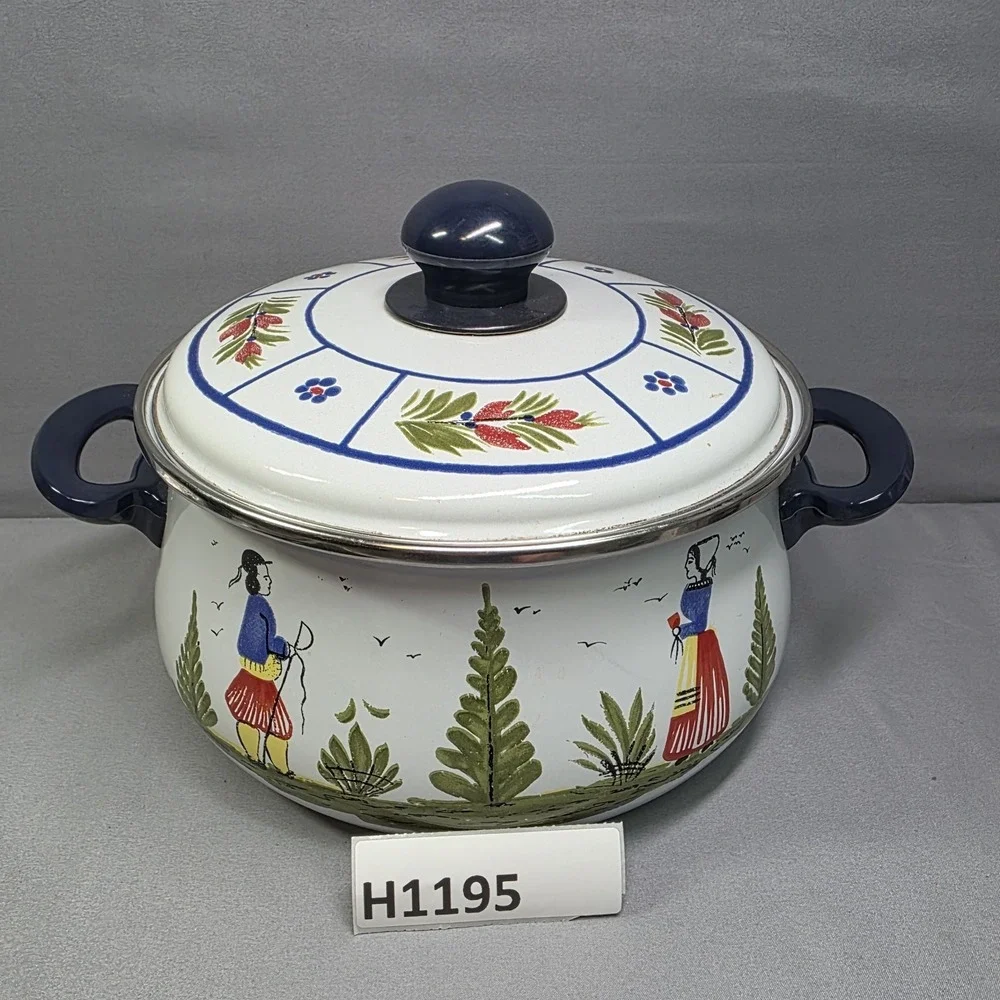 RARE Henriot Quimper Metal Dutch Oven Enamelware Breton Man & Woman Lady Pot HB